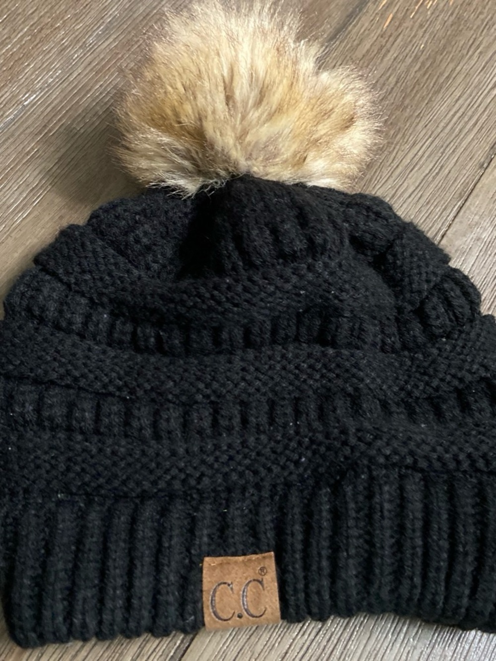C.C Black Knit Beanie with Tan Faux Fur Pom